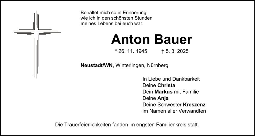 Traueranzeige Anton Bauer, Neustadt/WN