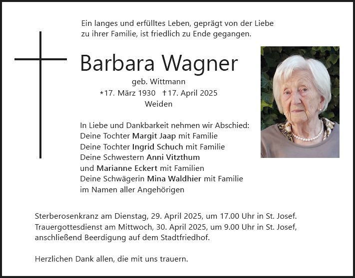 Traueranzeige Barbara Wagner, Weiden