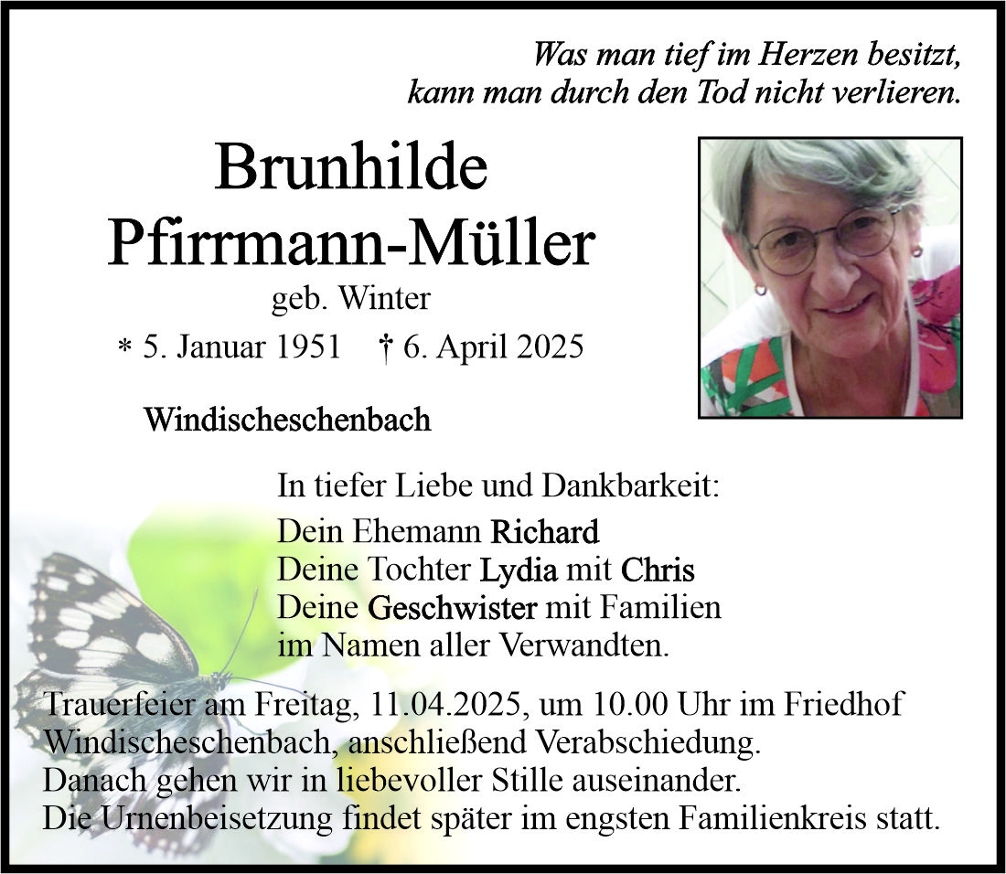 Traueranzeige Brunhilde Pfirrmann-M&amp;#252;ller, Windischeschenbach