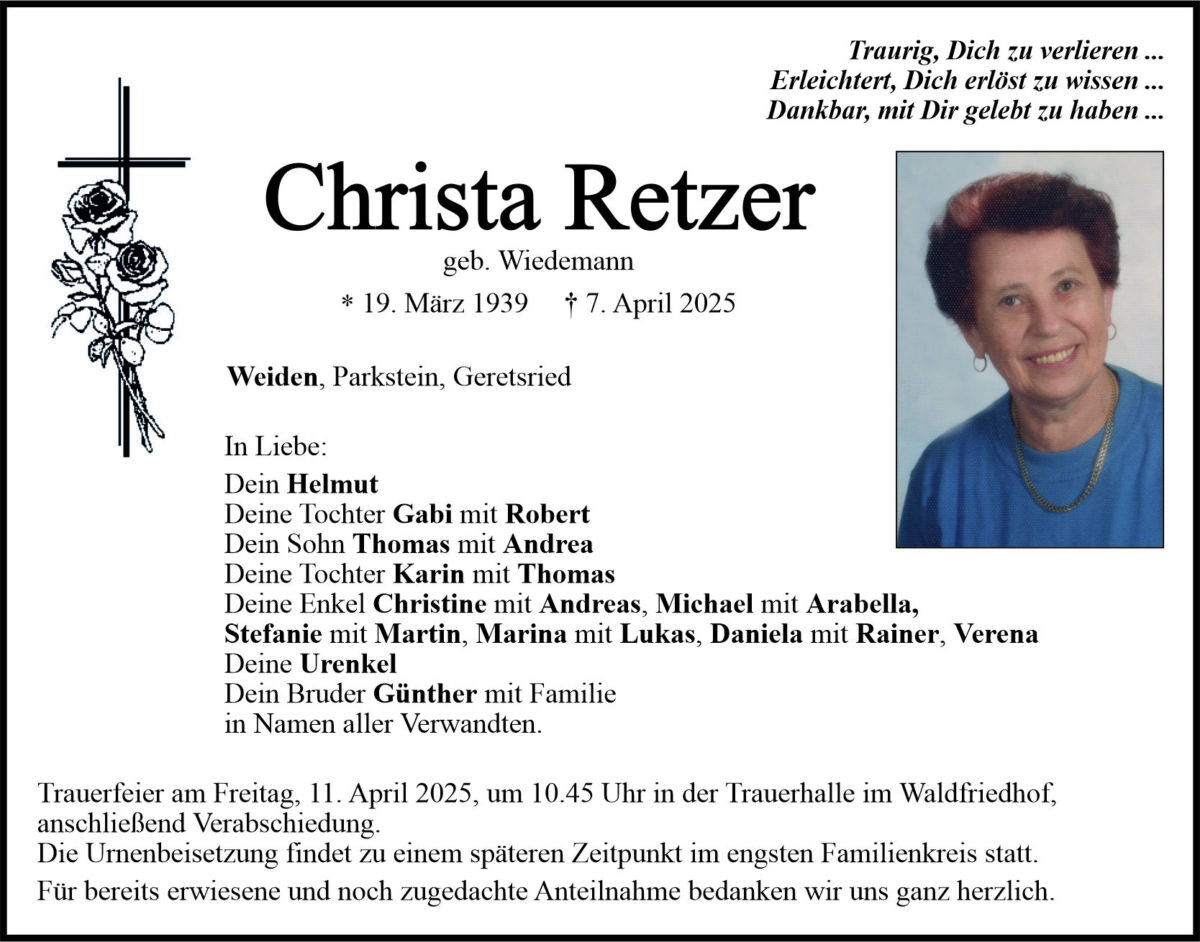 Traueranzeige Christa Retzer, Weiden