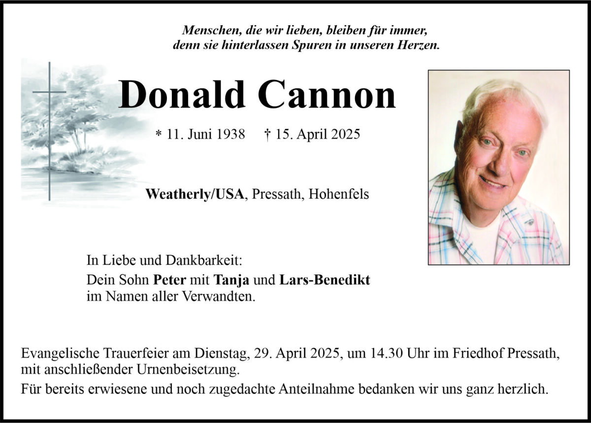 Traueranzeige Donald Cannon, Weatherly/USA, Pressath