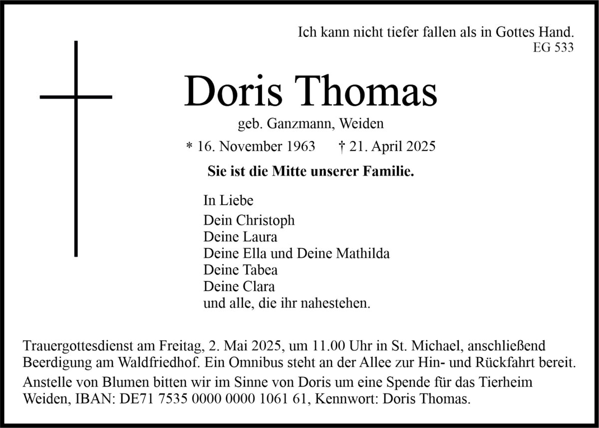 Traueranzeige Doris Thomas, Weiden