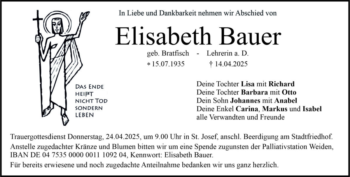 Traueranzeige Elisabeth Bauer, Weiden