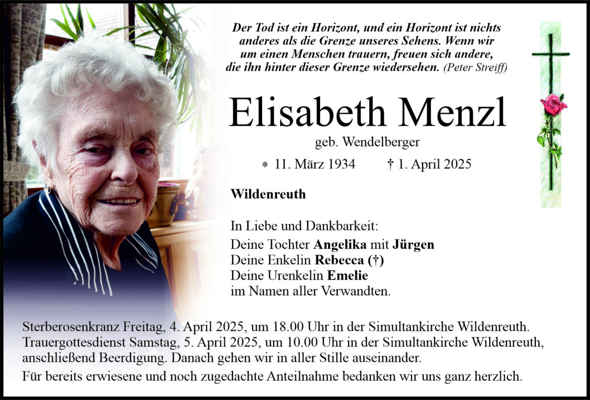 Traueranzeige Elisabeth Menzl, Wildenreuth