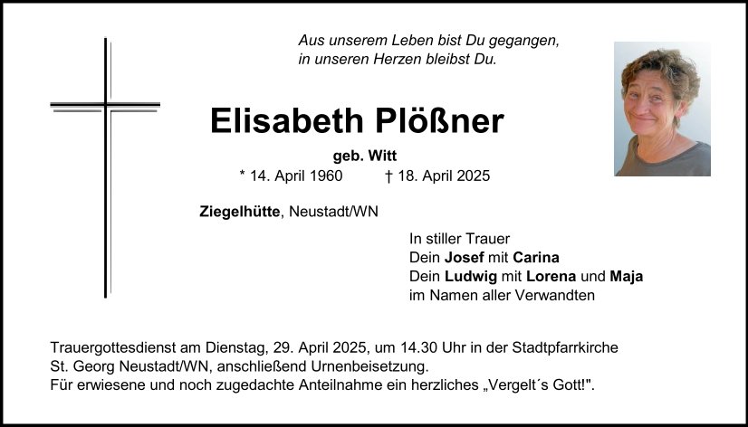 Traueranzeige Elisabeth Pl&amp;#246;&amp;#223;ner, Ziegelh&amp;#252;tte
