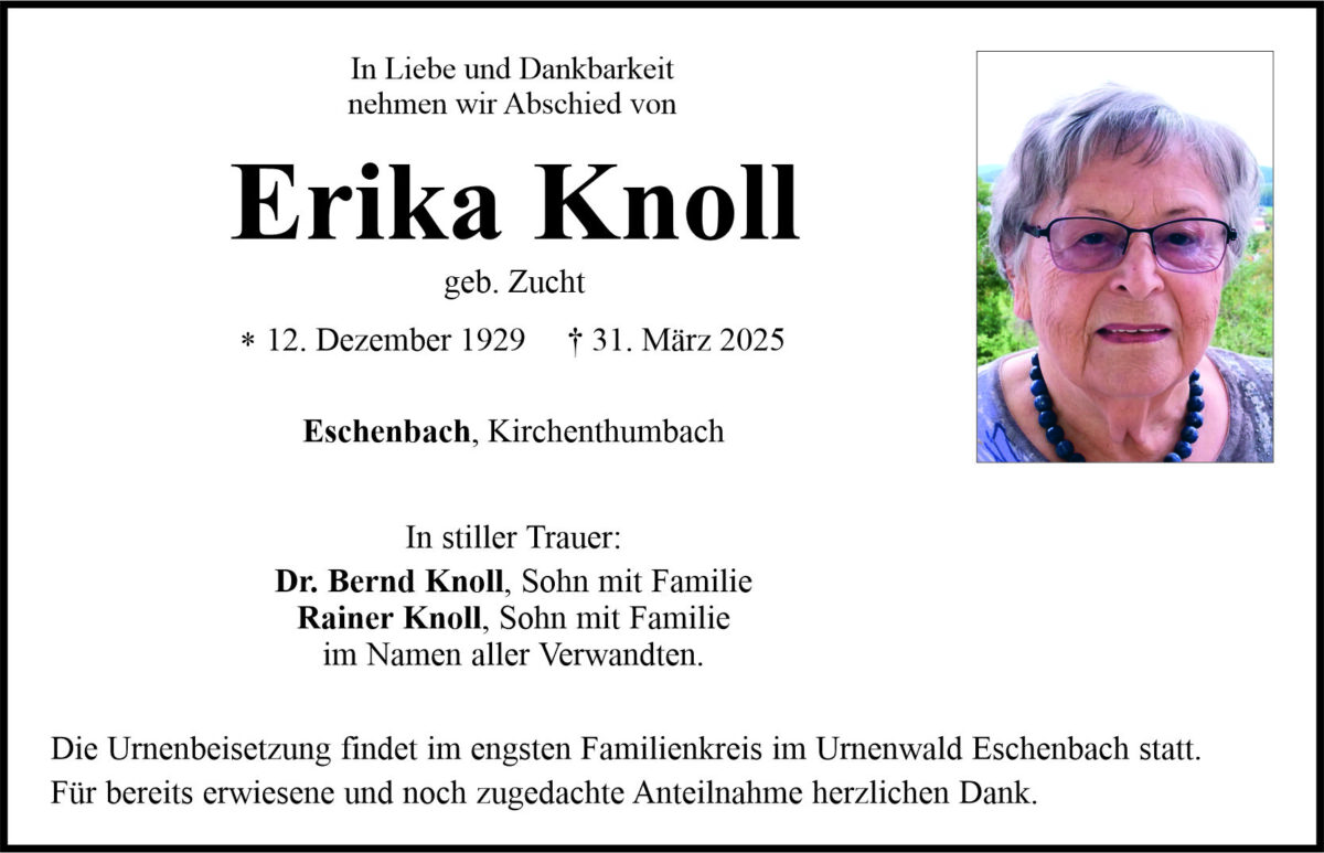 Traueranzeige Erika Knoll, Eschenbach