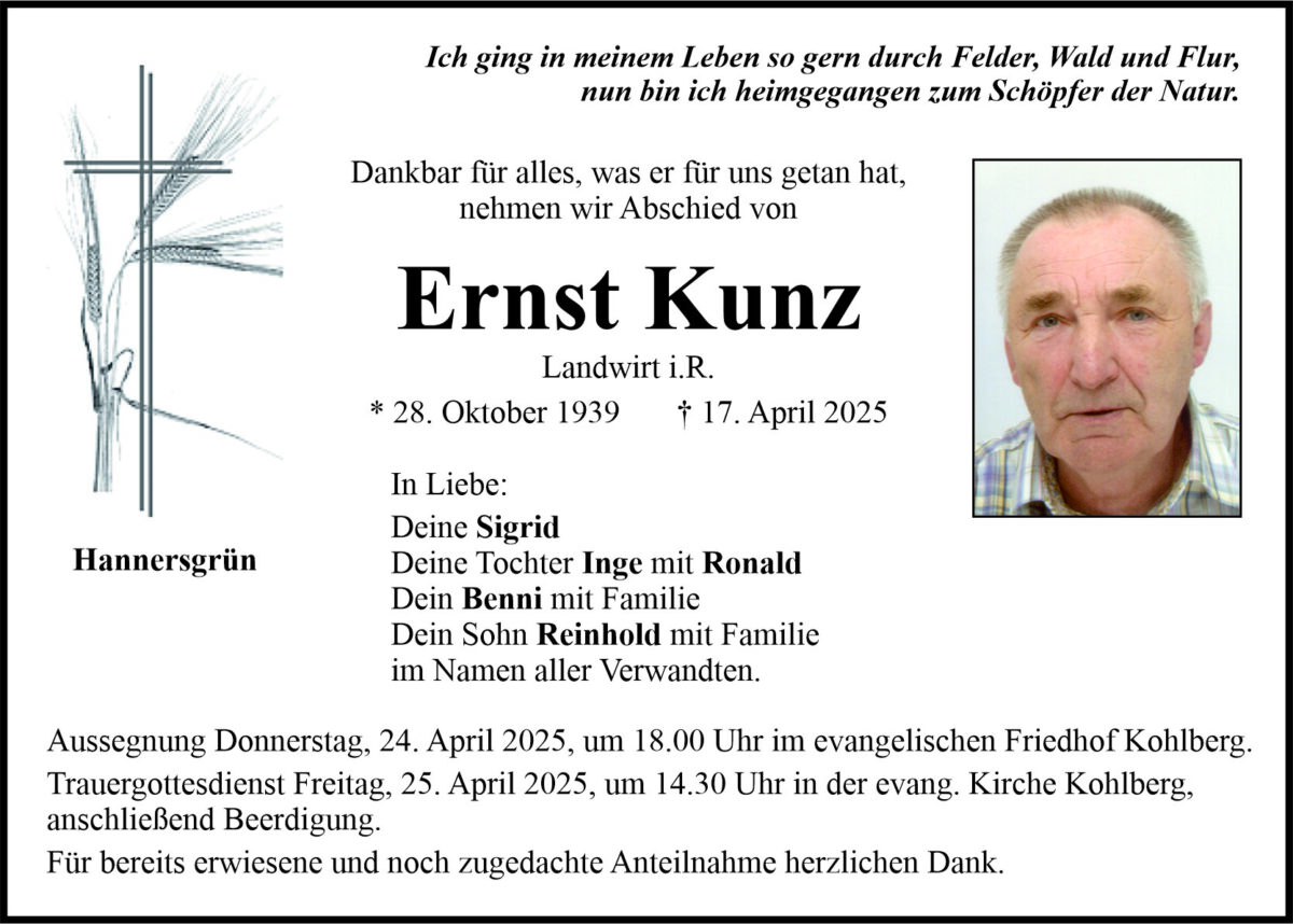 Traueranzeige Ernst Kunz, Hannersgr&amp;#252;n