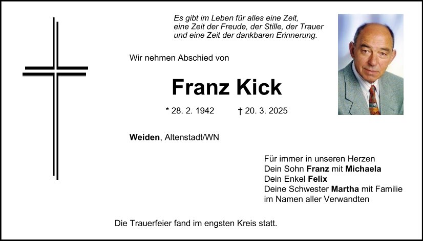 Traueranzeige Franz Kick, Weiden