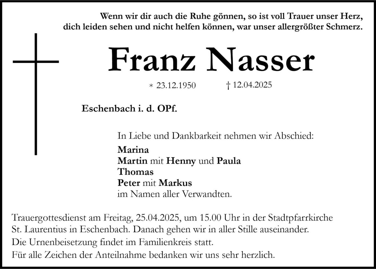 Traueranzeige Franz Nasser, Eschenbach