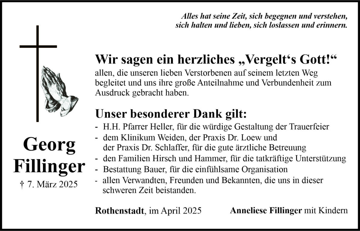 Traueranzeige Georg Fillinger, Rothenstadt