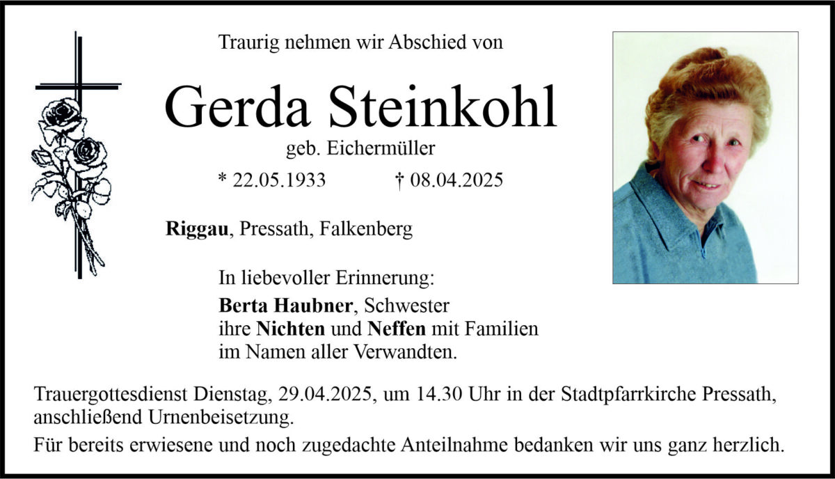 Traueranzeige Gerda Steinkohl, Riggau, Pressath