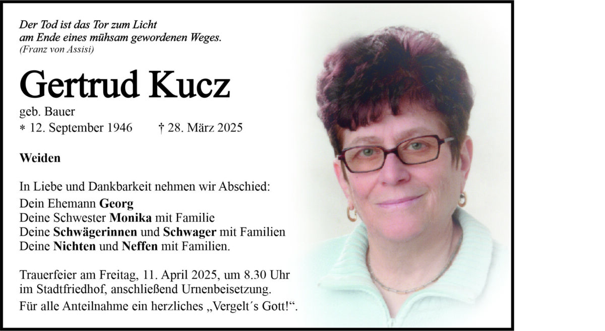 Traueranzeige Gertrud Kucz, Weiden