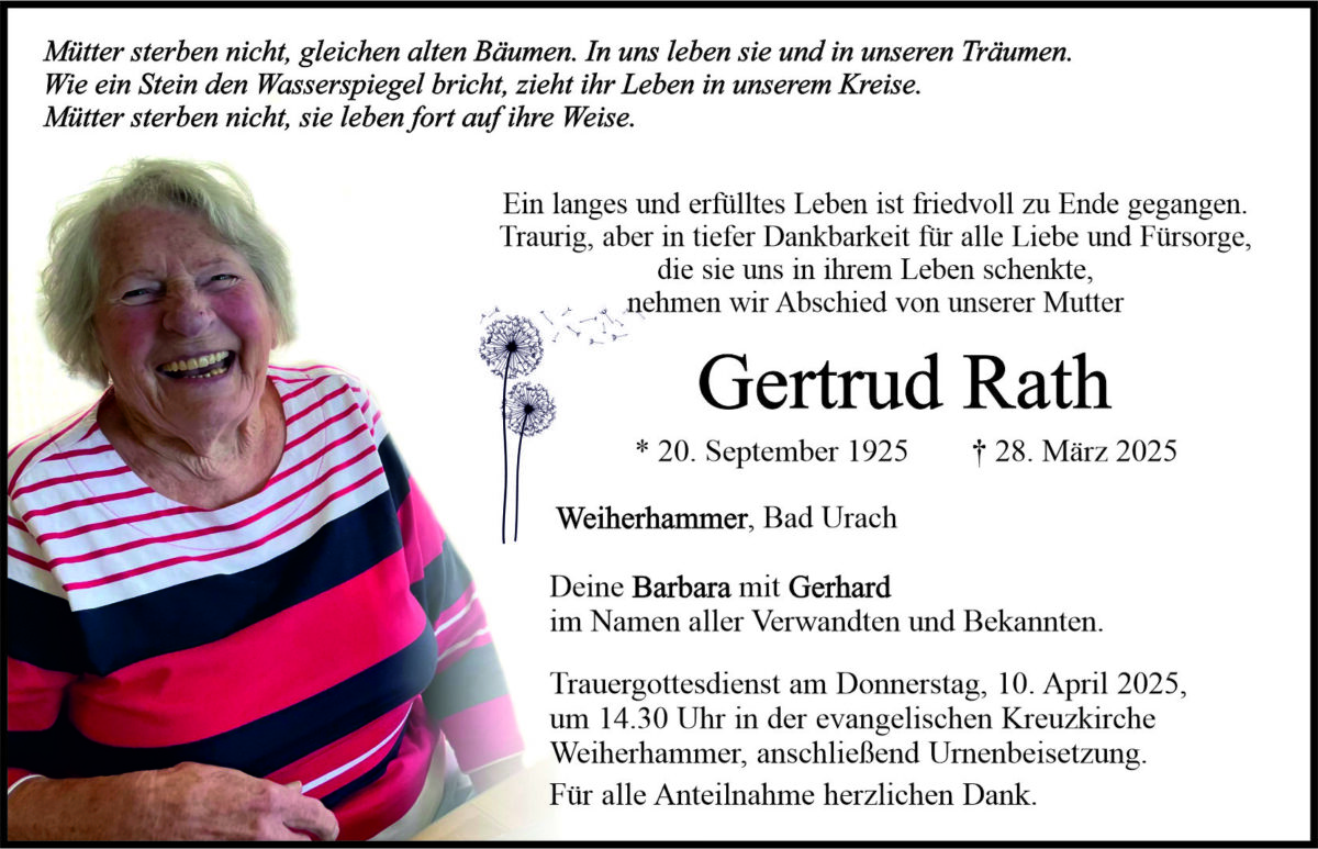 Traueranzeige Gertrud Rath, Weiherhammer