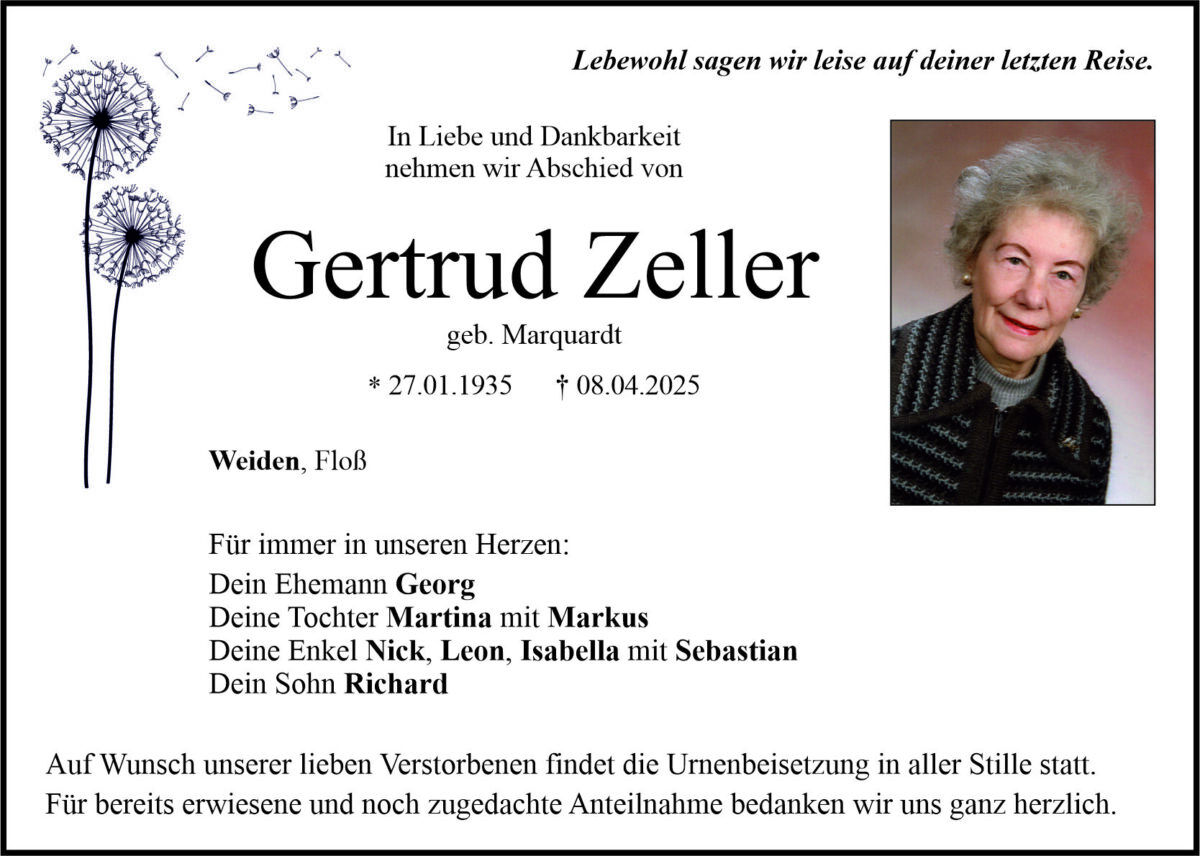 Traueranzeige Gertrud Zeller, Flo&amp;#223;, Weiden