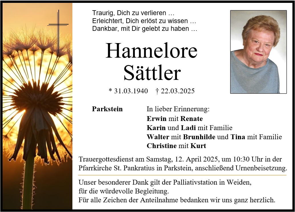 Traueranzeige Hannelore S&amp;auml;ttler, Parkstein