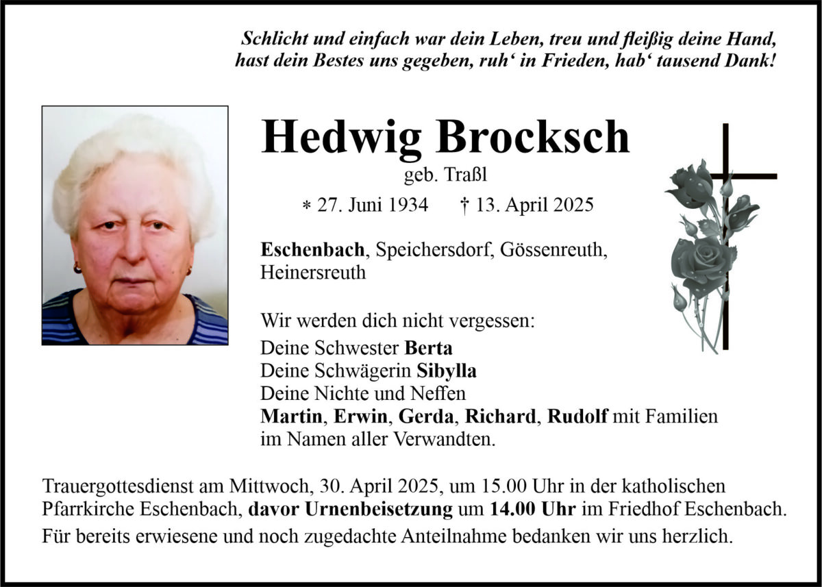 Traueranzeige Hedwig Brocksch, Eschenbach