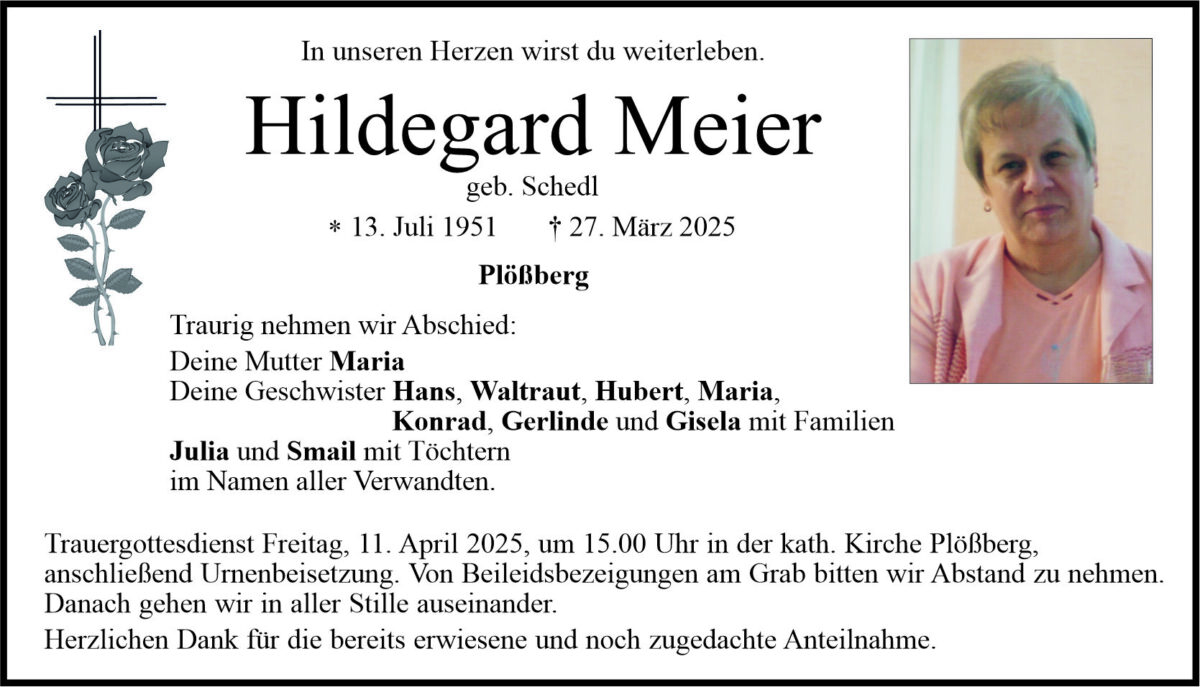 Traueranzeige Hildegard Meier Pl&amp;#246;&amp;#223;berg