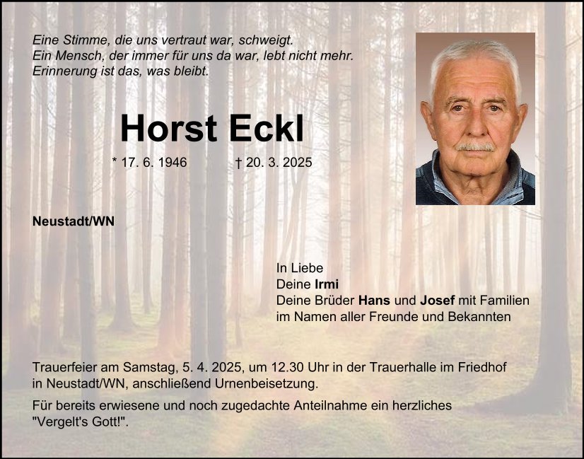 Traueranzeige Horst Eckl, Neustadt/WN