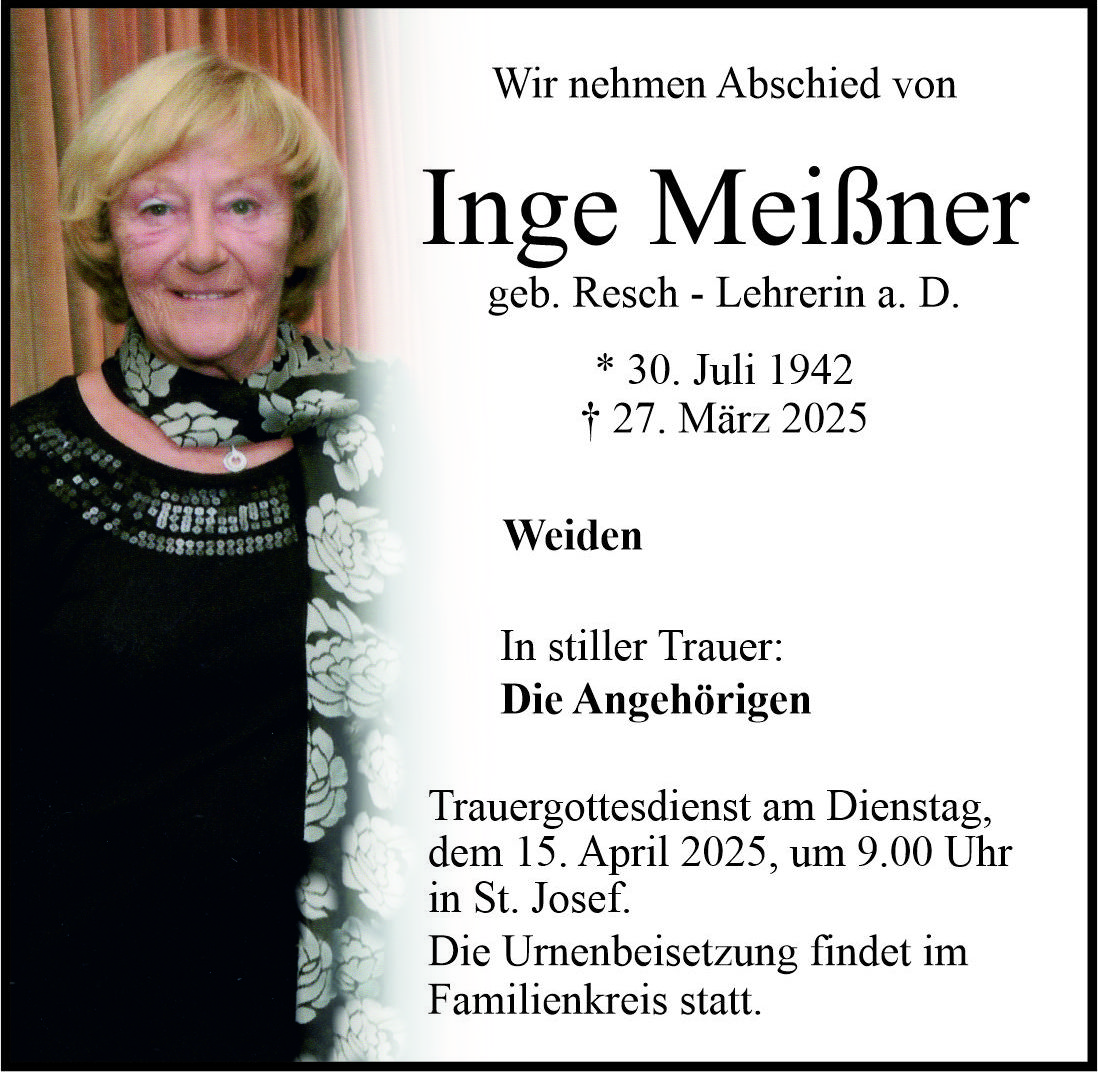 Traueranzeige Inge Mei&amp;#223;ner, Weiden
