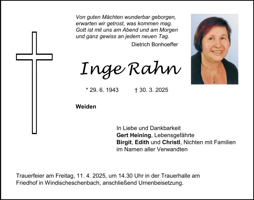Traueranzeige Inge Rahn, Weiden