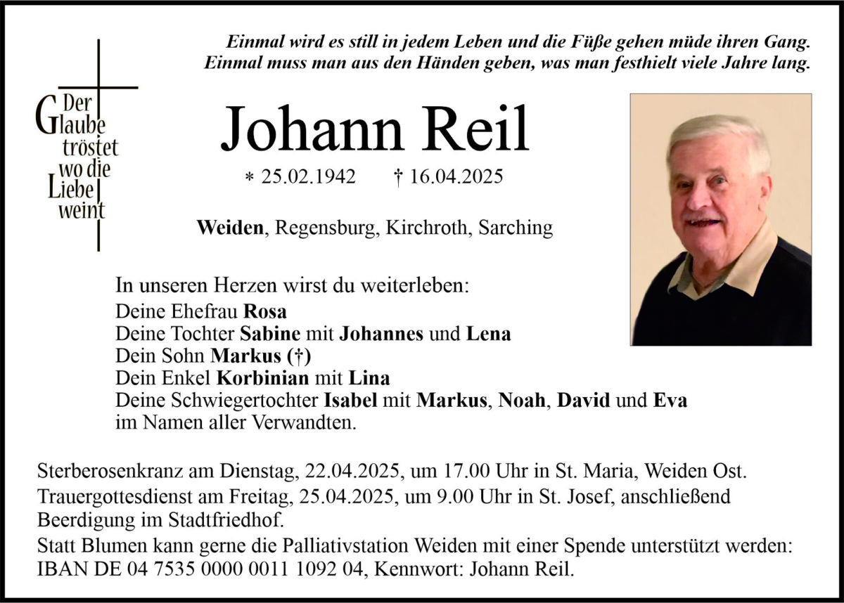 Traueranzeige Johann Reil, Weiden