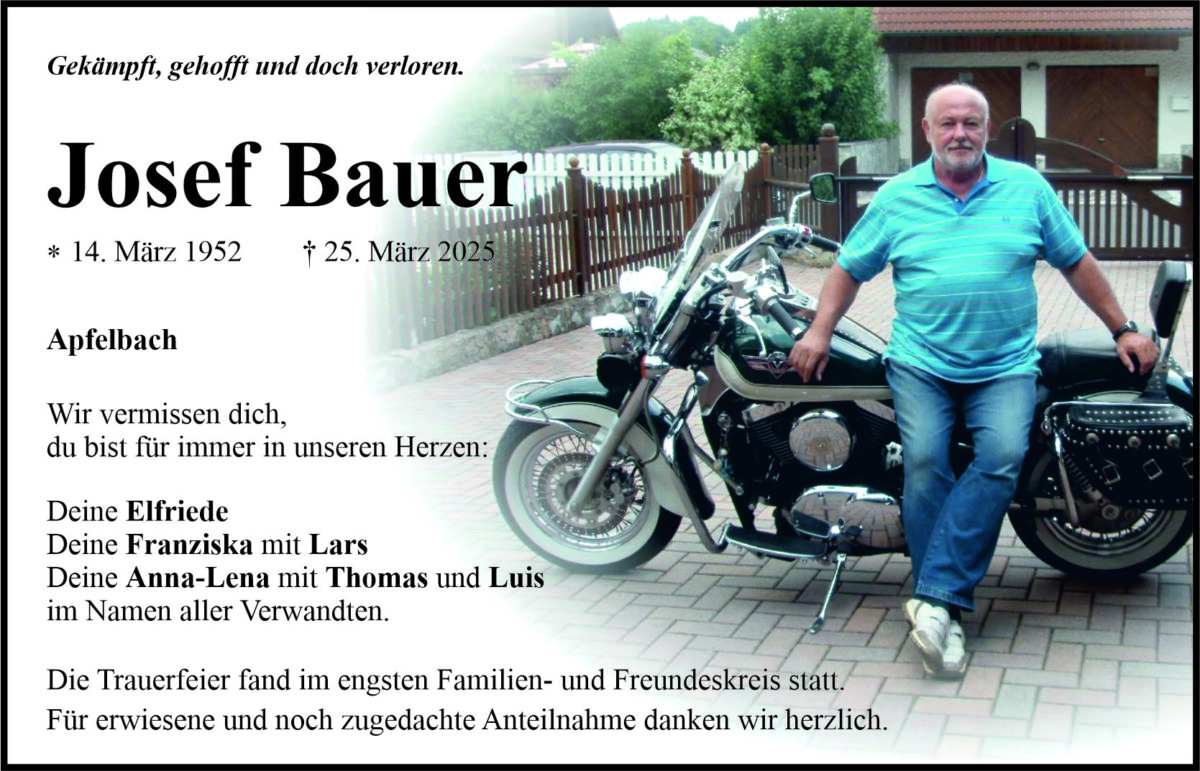 Traueranzeige Josef Bauer, Apfelbach