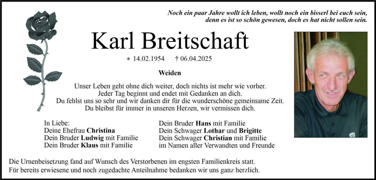 Traueranzeige Karl Breitschaft, Weiden