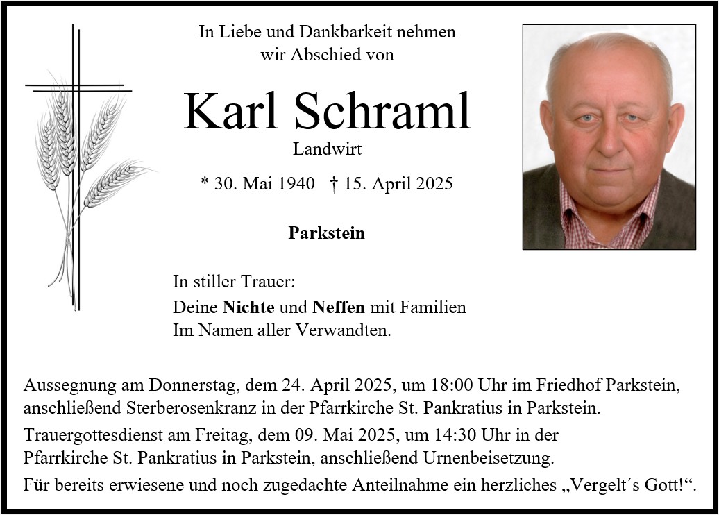 Traueranzeige Karl Schraml, Parkstein