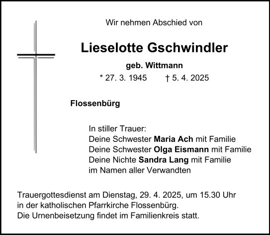 Traueranzeige Lieselotte Gschwindler, Flossenb&amp;#252;rg.