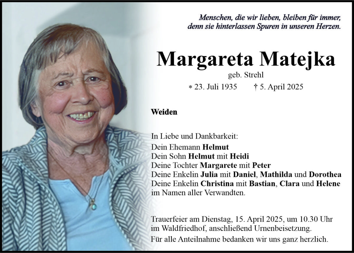 Traueranzeige Margareta Matejka, Weiden