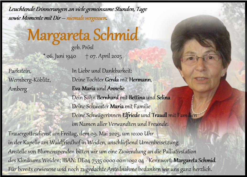 Traueranzeige Margareta Schmid, Weiden