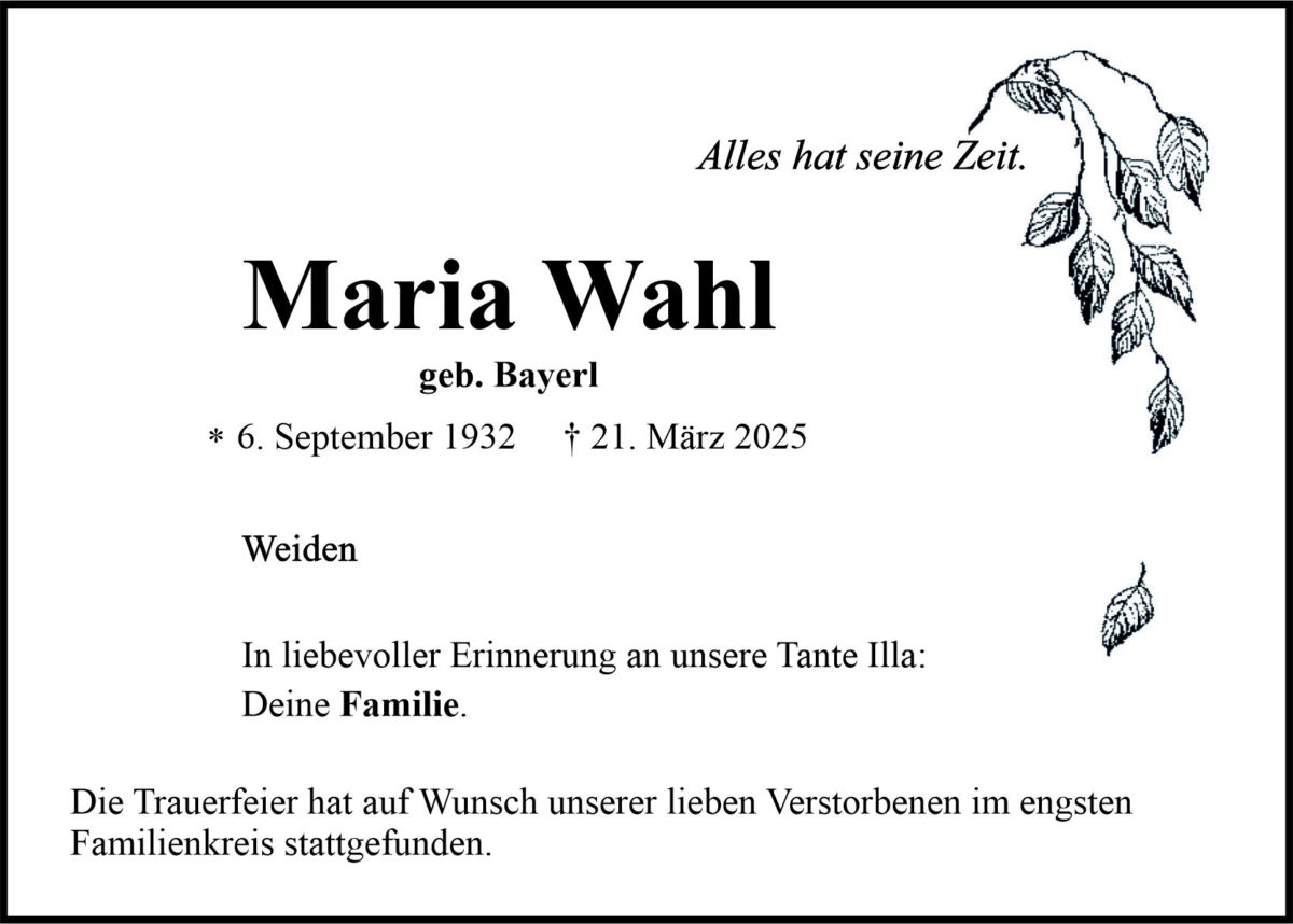 Traueranzeige Maria Wahl, Weiden