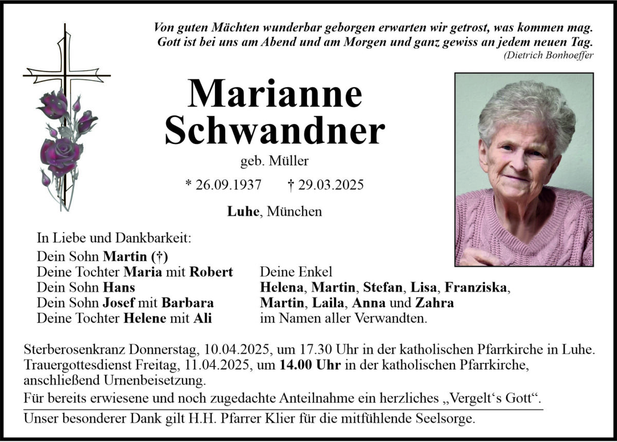 Traueranzeige Marianne Schwandner, Luhe