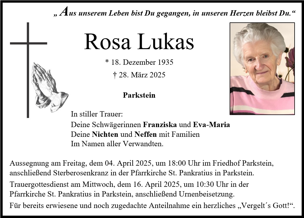 Traueranzeige Rosa Lukas, Parkstein