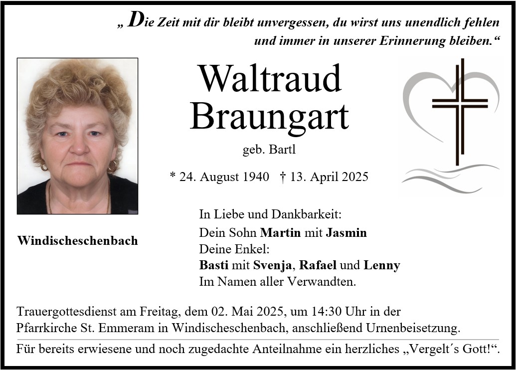 Traueranzeige Waltraud Braungart, Windischeschenbach