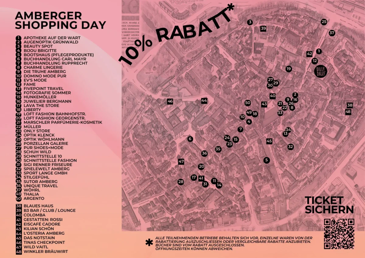 Dilly Dally 2025 in Amberg: die teilnehmenden Geschäfte. Foto: Wirtschaftsförderung Stadt Amberg