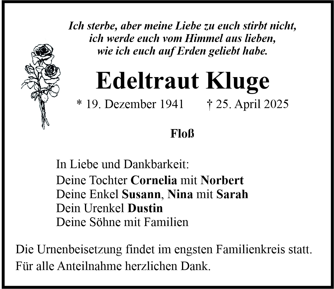 Traueranzeige Edeltraut Kluge, Floß