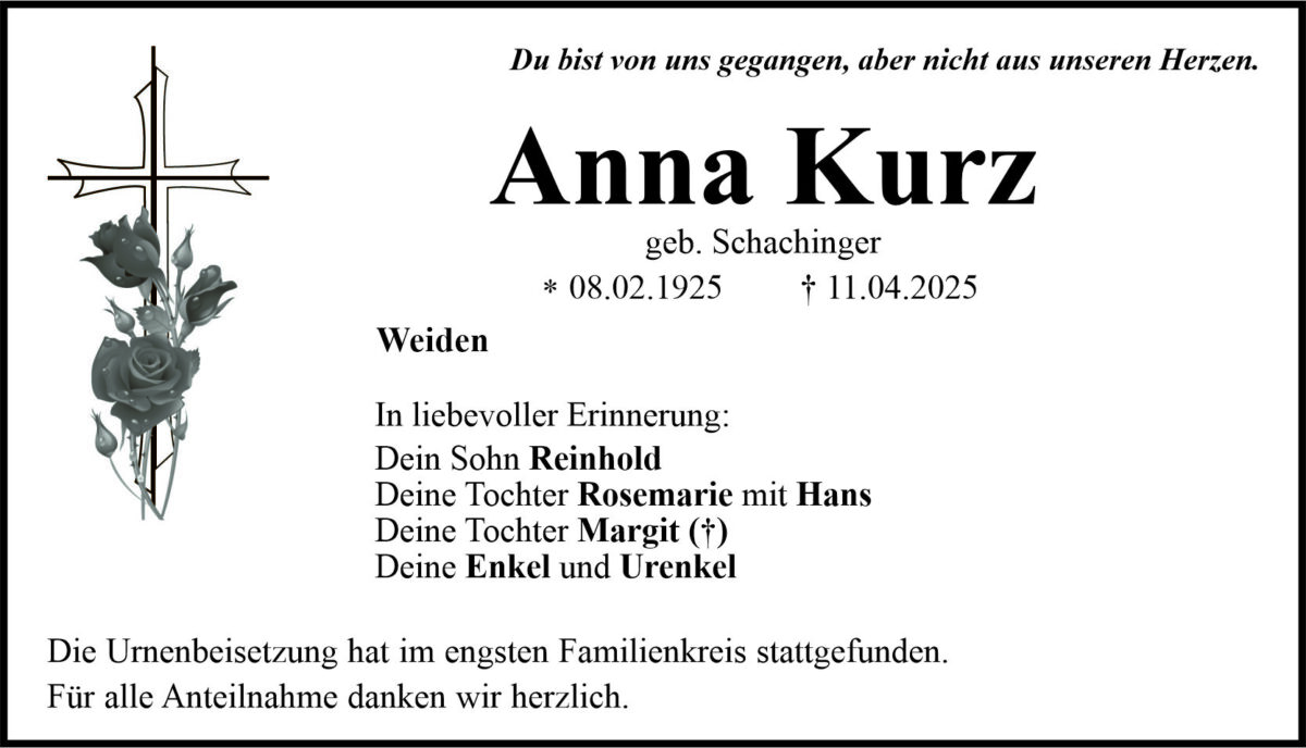 Traueranzeige Anna Kurz, Weiden