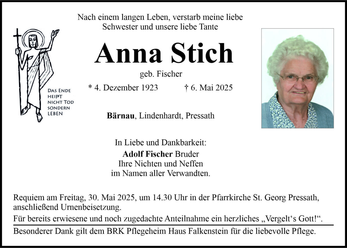 Traueranzeige Anna Stich, Bärnau