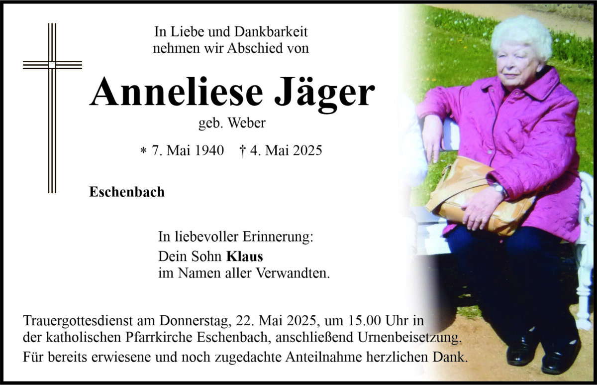 Traueranzeige Anneliese Jäger, Eschenbach