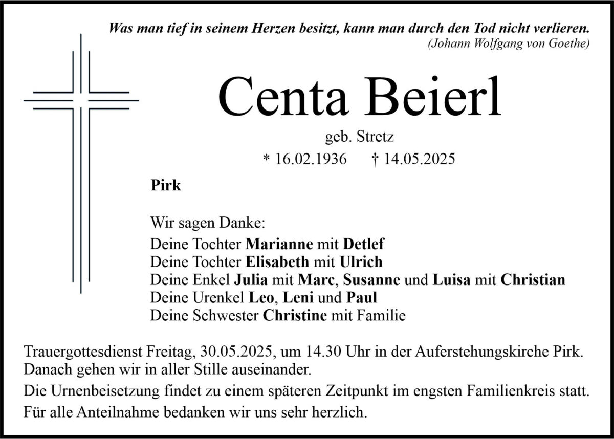 Traueranzeige Centa Beierl, Pirk