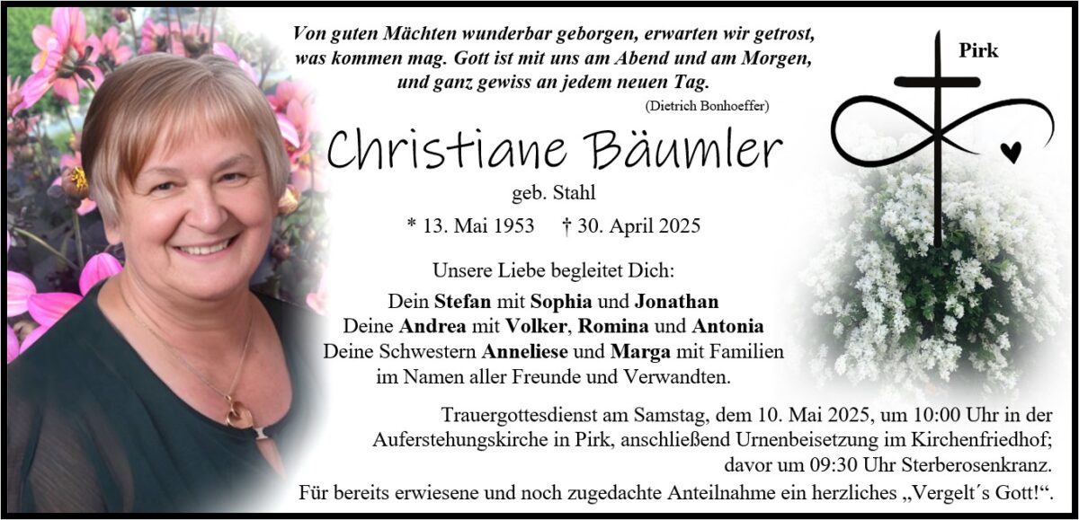 Traueranzeige Christiane Bäumler, Pirk