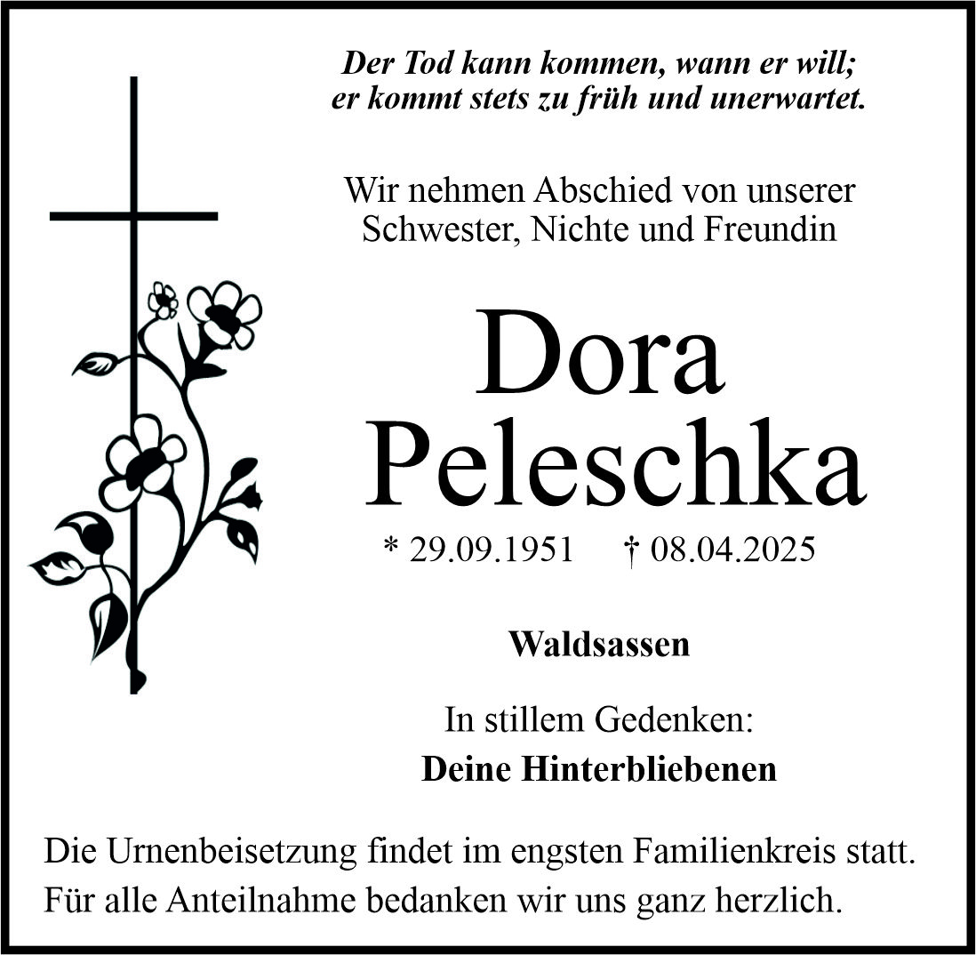 Traueranzeige Dora Peleschka, Waldsassen