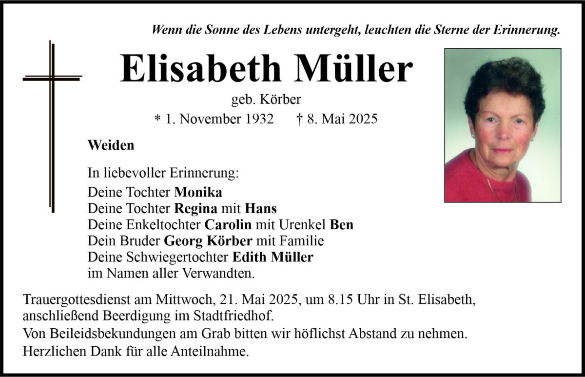 Traueranzeige Elisabeth Müller, Weiden