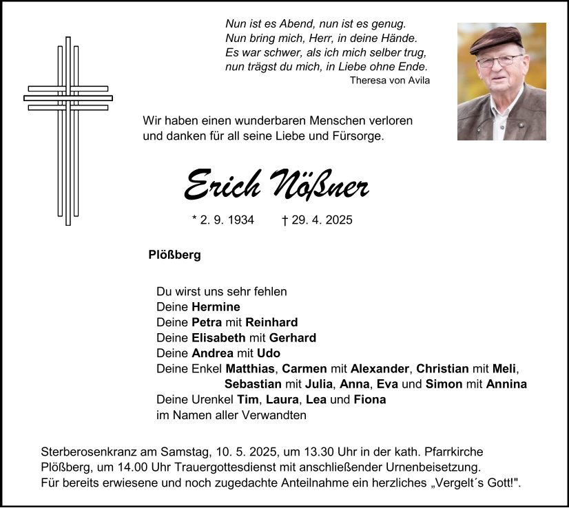 Traueranzeige Erich Nößner, Plößberg