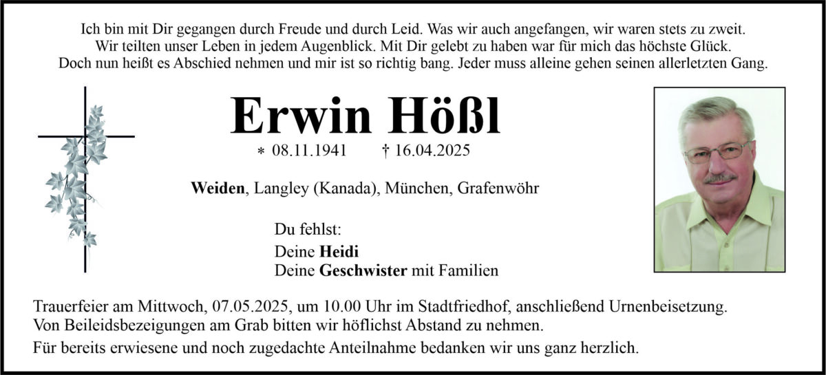 Traueranzeige Erwin Hößl, Weiden