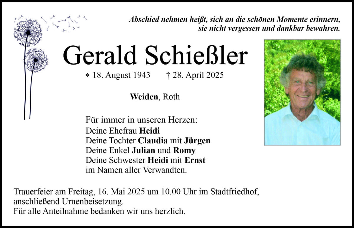 Traueranzeige Gerald Schießler, Weiden