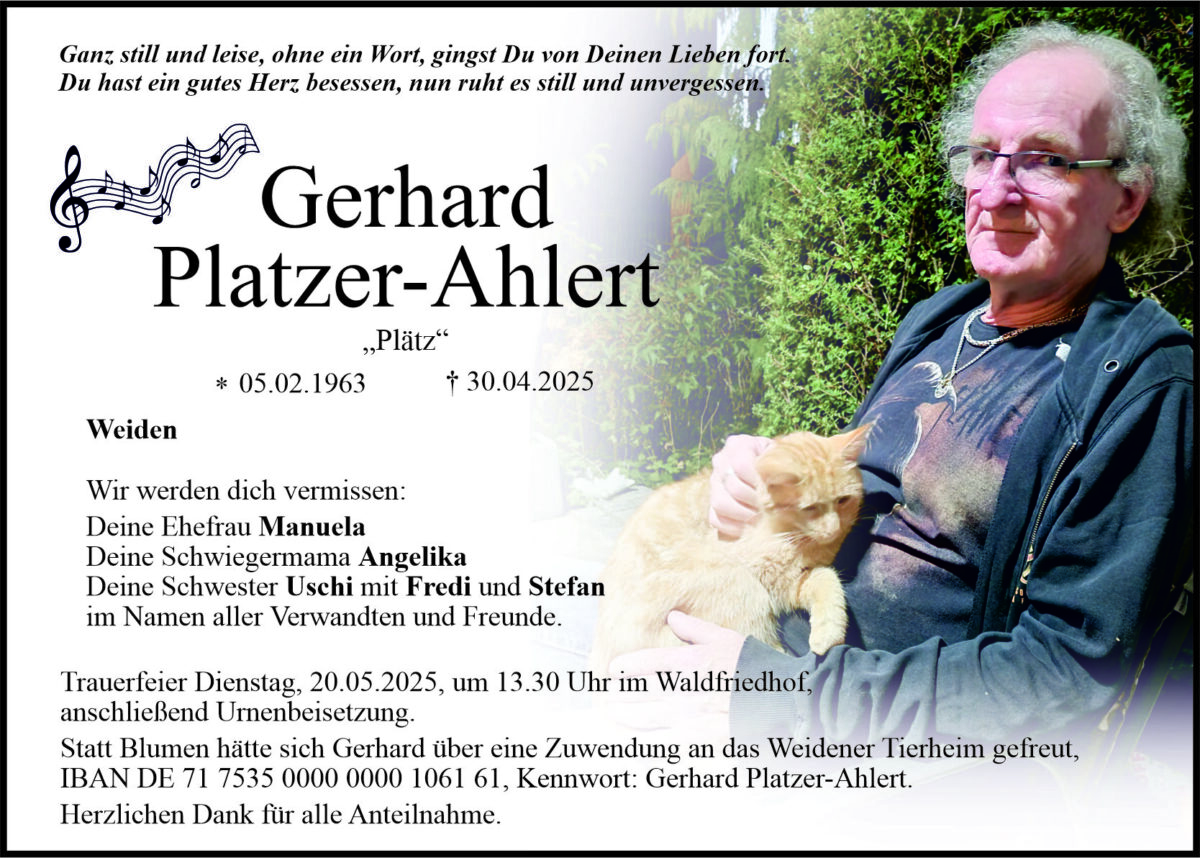 Traueranzeige Gerhard Platzer-Ahlert, Weiden