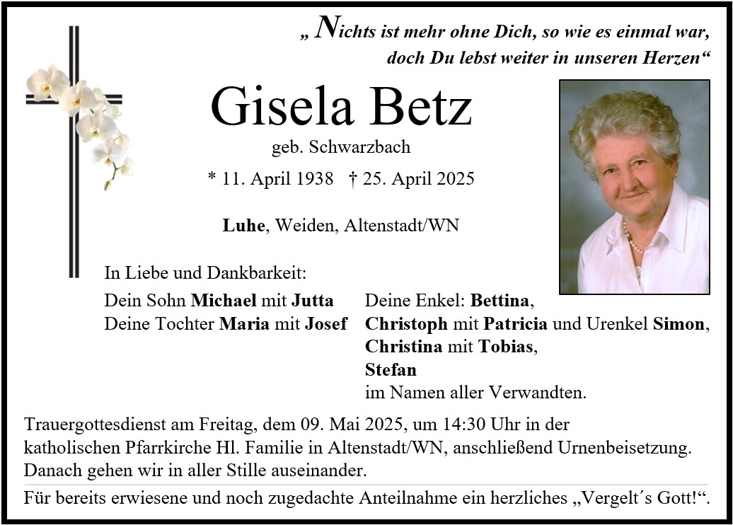 Traueranzeige Gisela Betz, Luhe