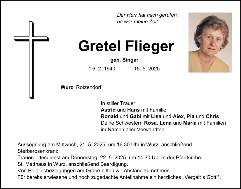 Traueranzeige Gretel Flieger, Wurz